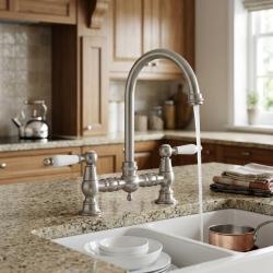 old-fashion-brushed-nickel-kitchen-faucet-with-white-handles